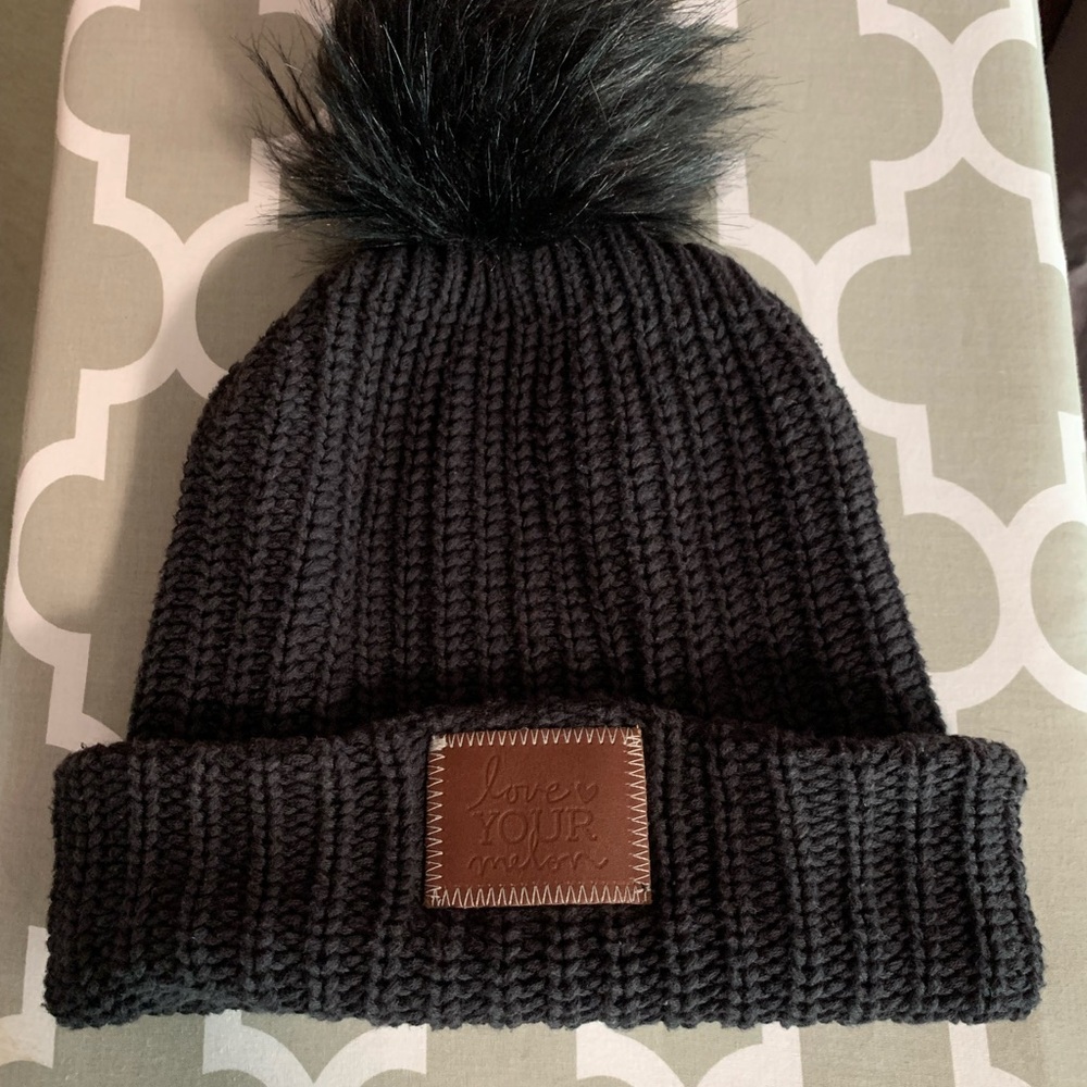 Love Your Melon Black Knit Beanie with Faux Fur Pom.